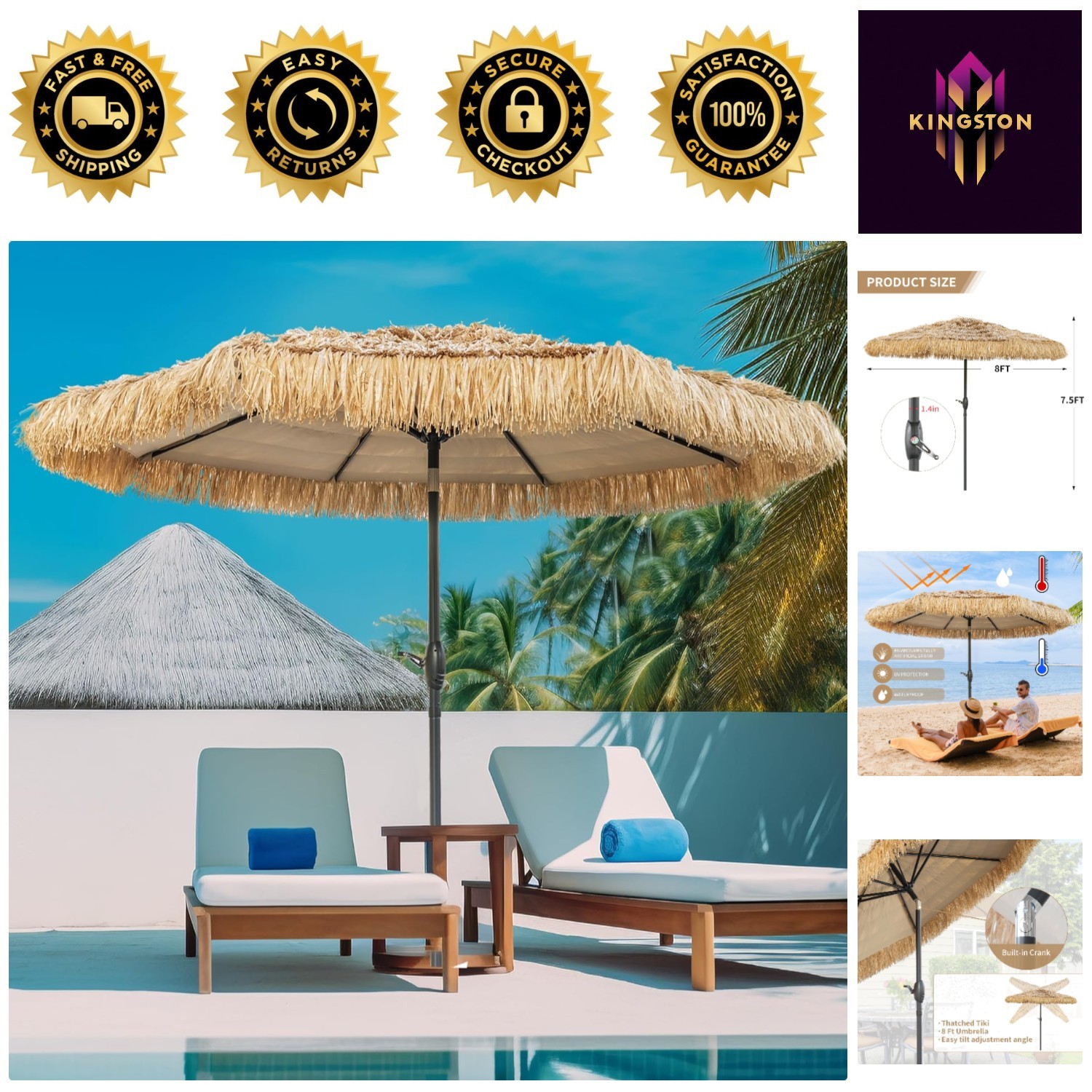 Durable 8FT Tiki Patio Umbrella with Zinc Alloy Tilt for Ultimate Relaxation