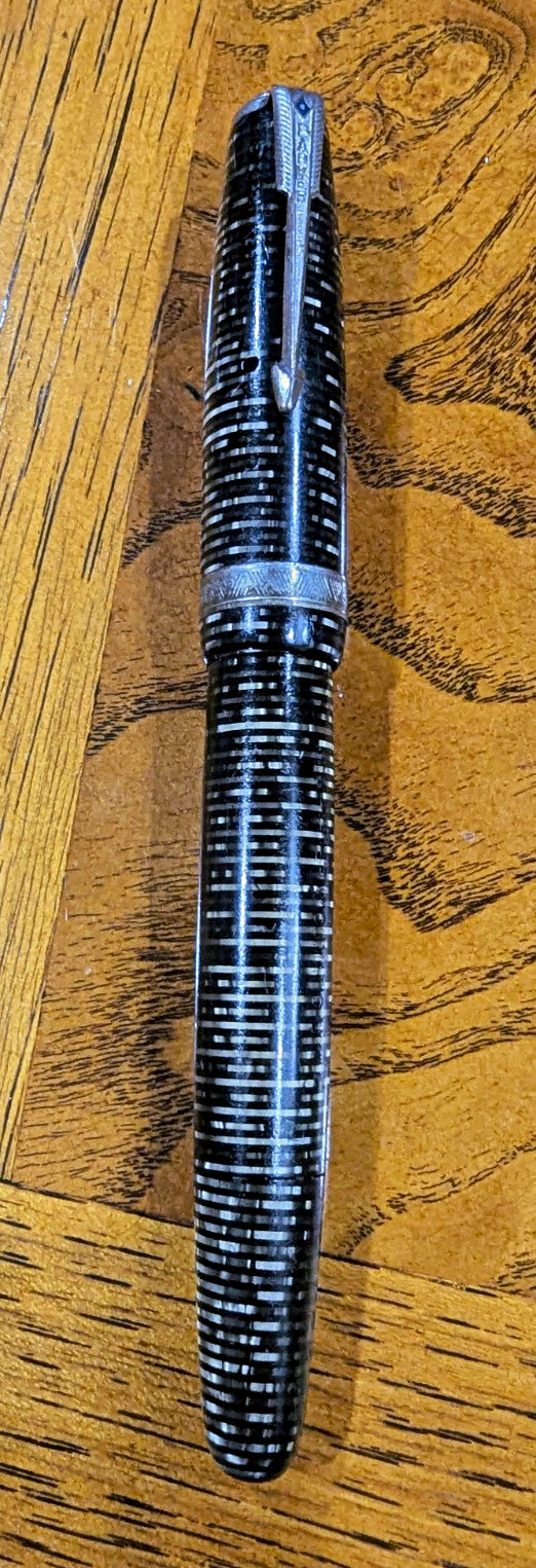 Vtg Parker Vacumatic Major Silver Pearl Fountain Pen 14K Gold Nib Blue Diamond