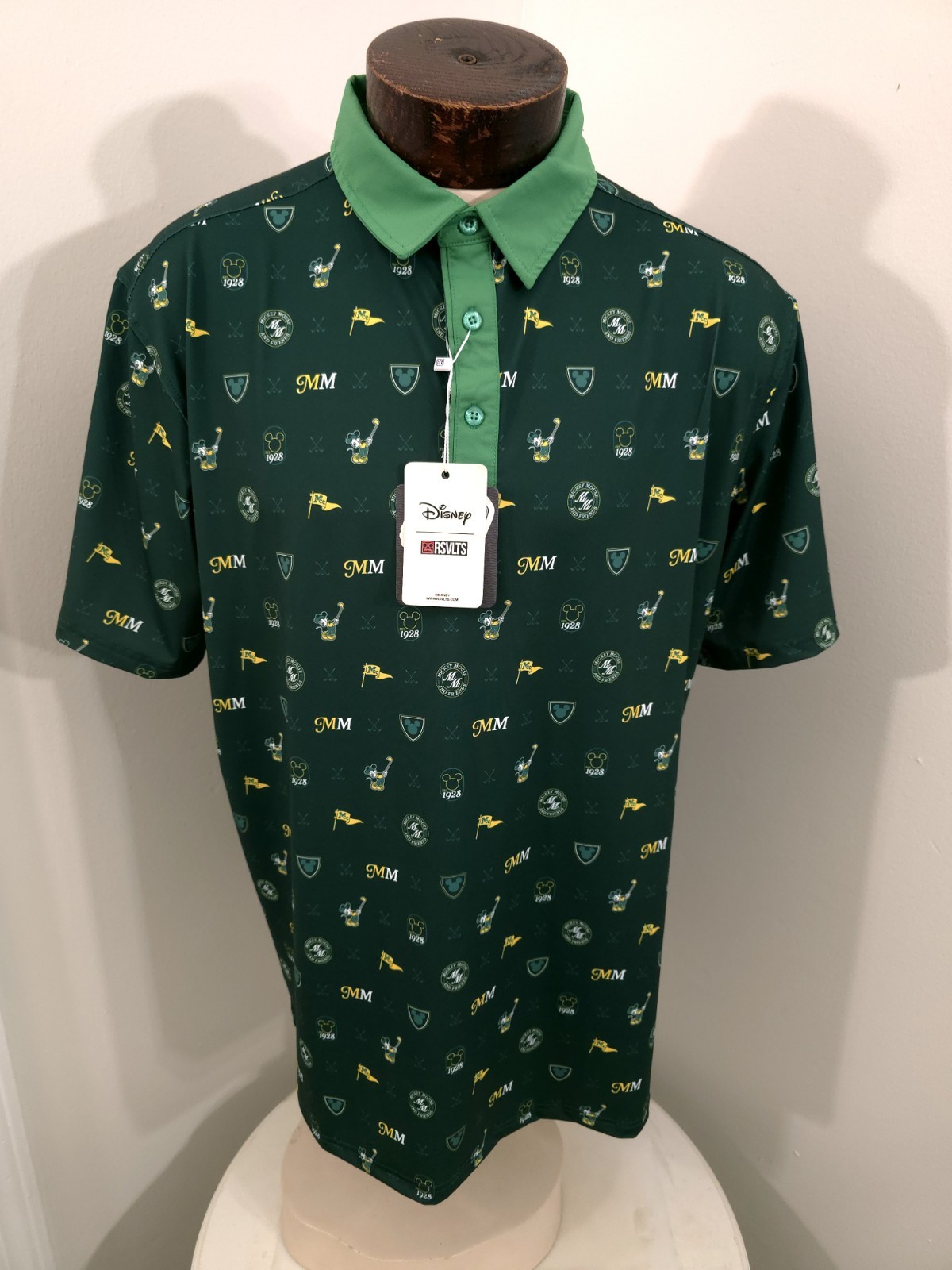RSVLTS Men\'s XL Disney Breakfast Balls Mickey Mouse Print Green Yellow Golf Polo RSVLTS Men\'s XL Disney Breakfast Balls Mickey Mouse Print Green Yellow Golf Polo
