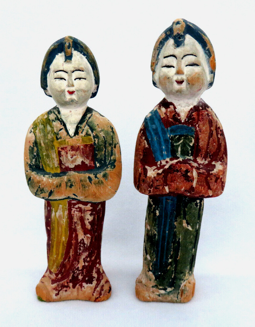 Vintage Chinese Pair of Carved Wood Female Geisha Figurines