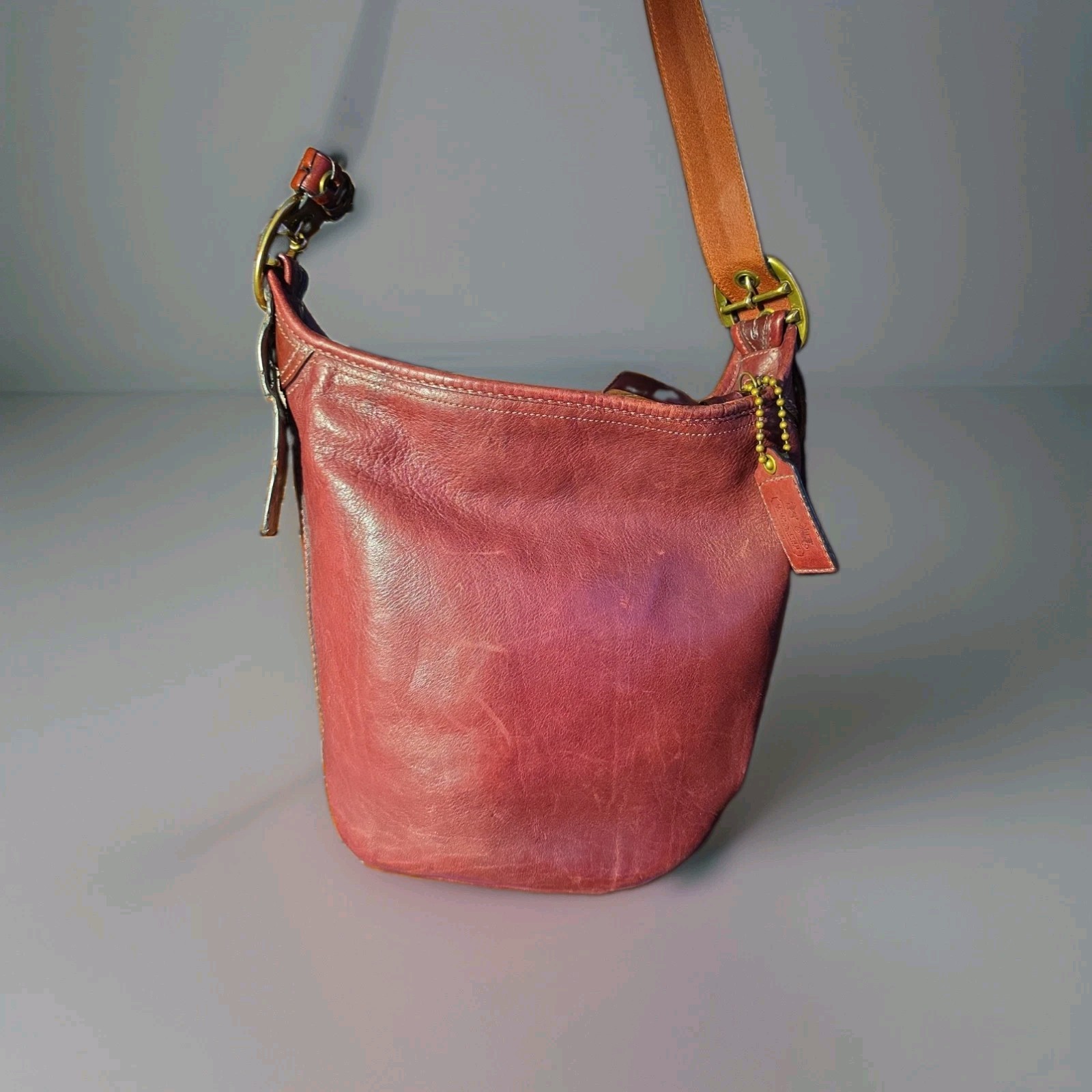 Vintage Coach Bleecker Duffle Bucket Bag Burgundy Leather Tattersall Plaid 11422