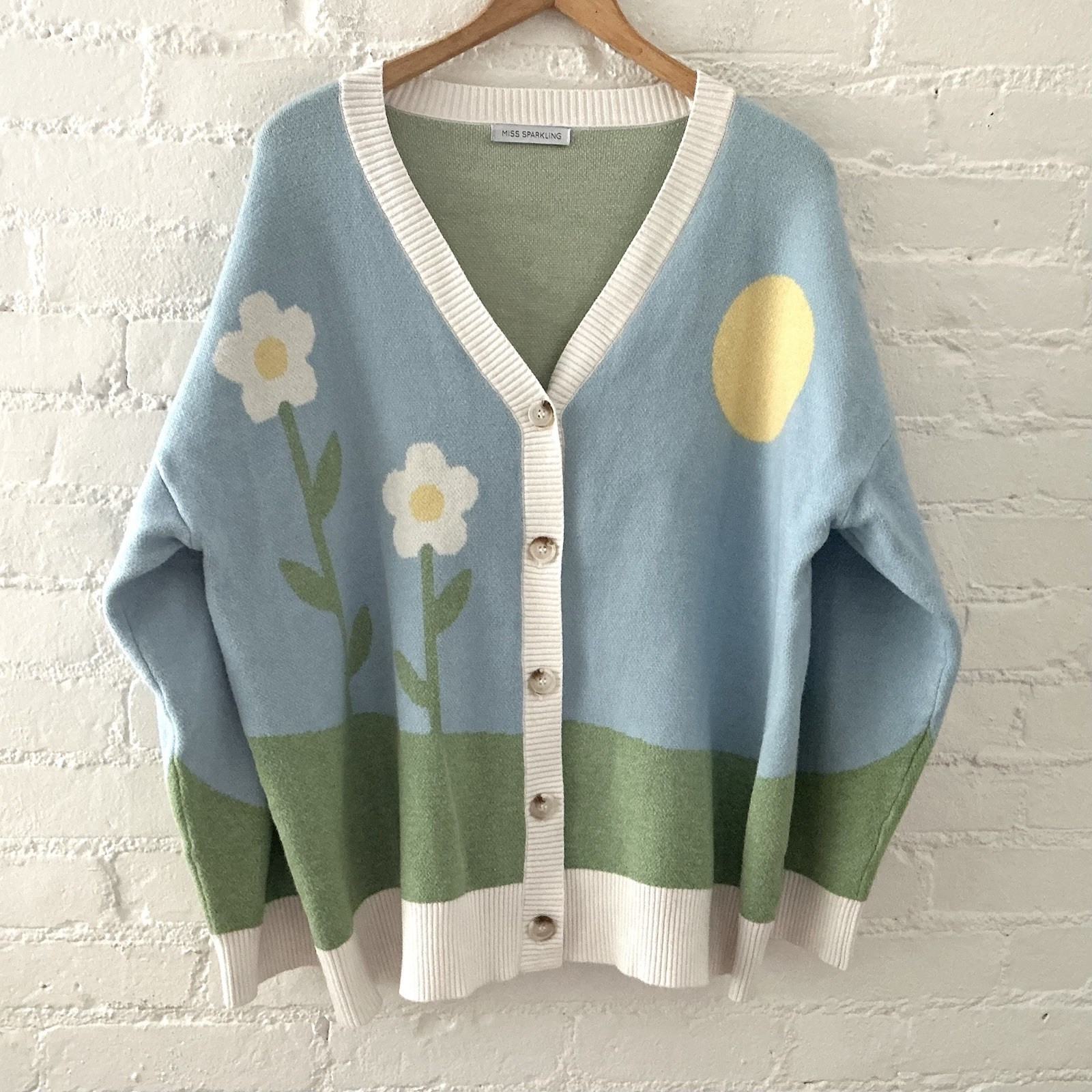 Miss Sparkling Flower Field Knit Cardigan Sweater Sun Sky Daisy Sweater Blue L