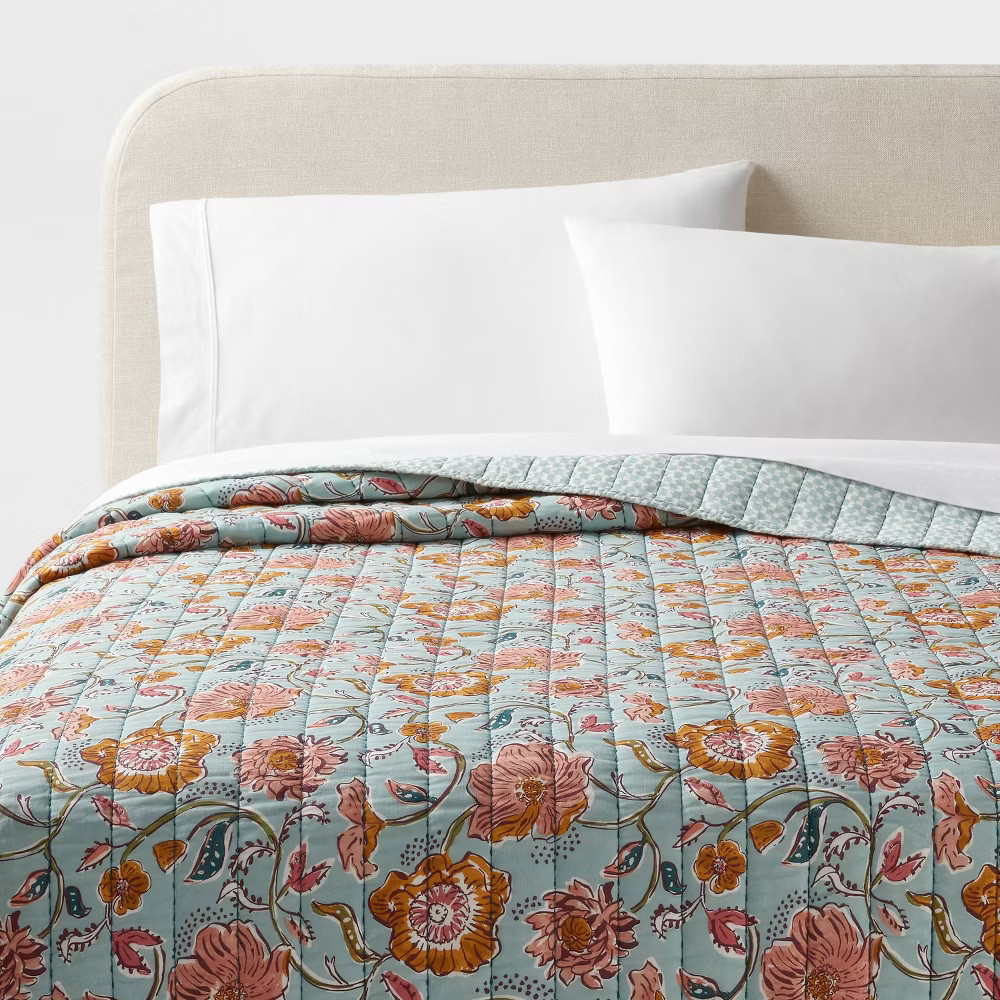 King Earthy Vines Quilt Light Teal Blue/Mustard Yellow/Light Pink Floral