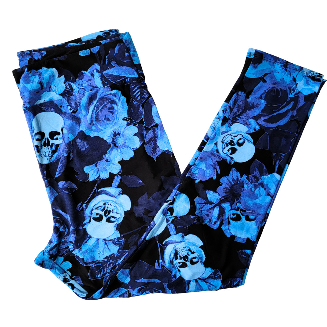 TC (sizes 12-18) LuLaRoe Leggings ~ BLUE SKULLS & FLOWERS PATTERN ~ Halloween TC (sizes 12-18) LuLaRoe Leggings ~ BLUE SKULLS & FLOWERS PATTERN ~ Halloween