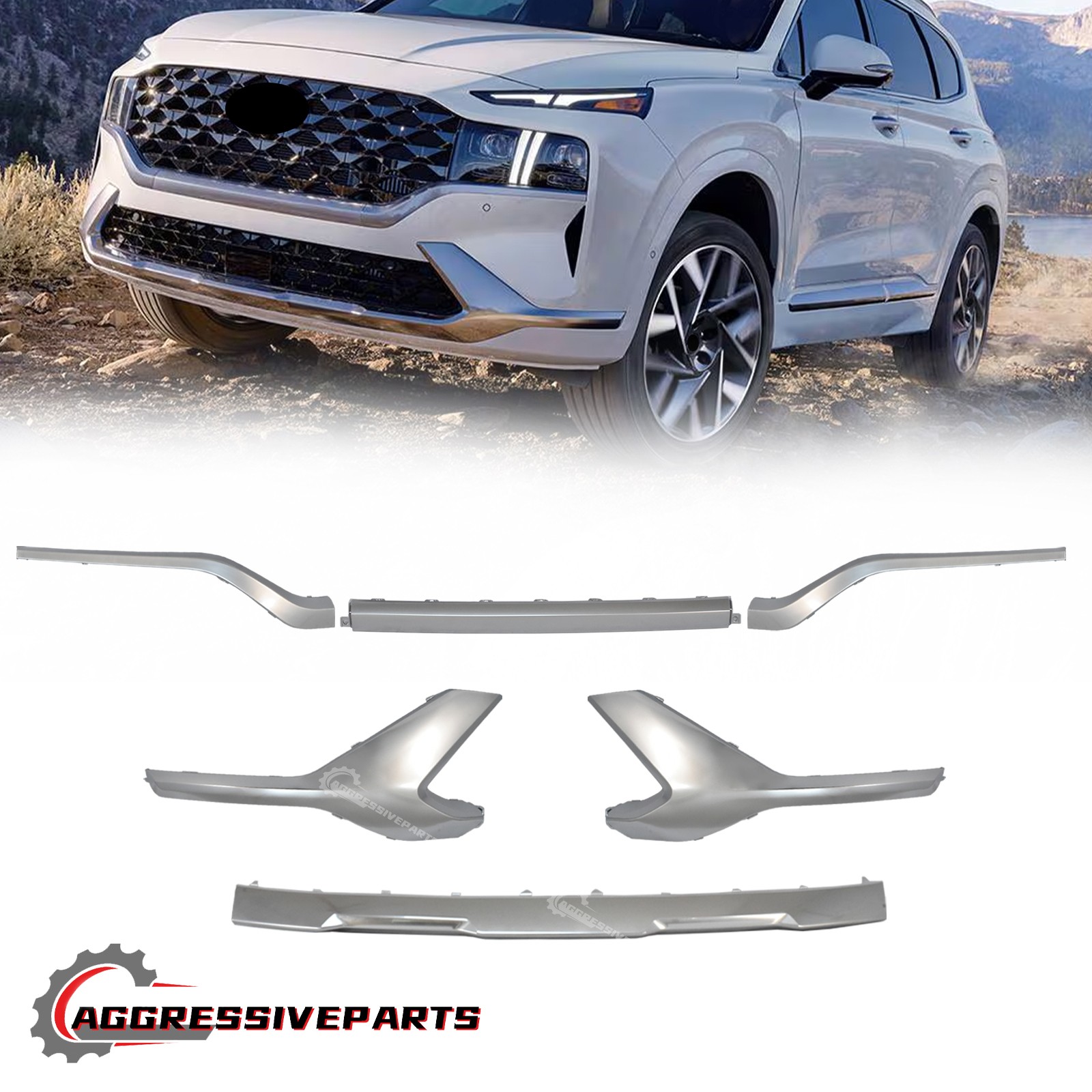 For Hyundai Santa Fe 2021-2023 Front Bumper &Grille Middle+Side Molding Trim 6PC