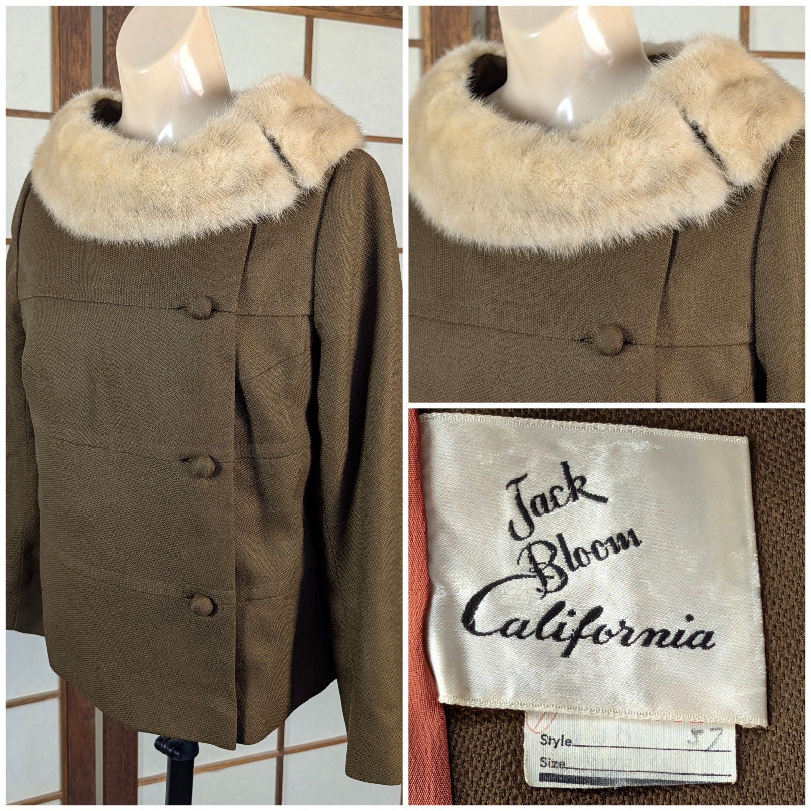 Vtg 1950s Jack Bloom California Wool Jacket Blonde Mink Portrait Collar Brown M