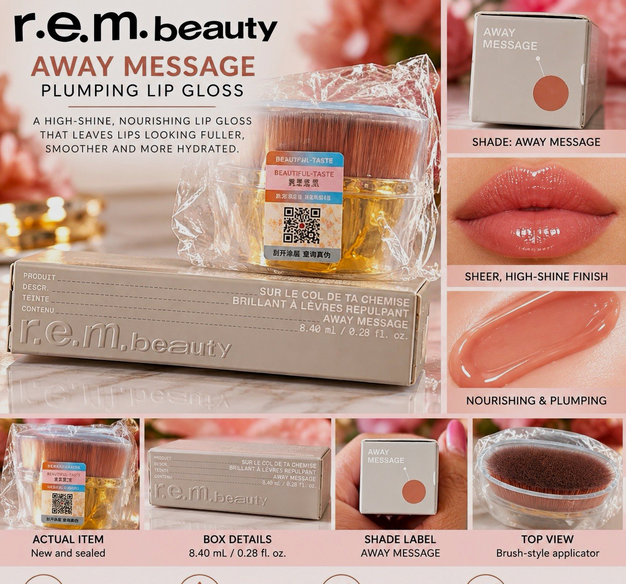 r.e.m. beauty Away Message Plumping Lip Gloss High-Shine Sheer Hydrating 0.28 r.e.m. beauty Away Message Plumping Lip Gloss High-Shine Sheer Hydrating 0.28
