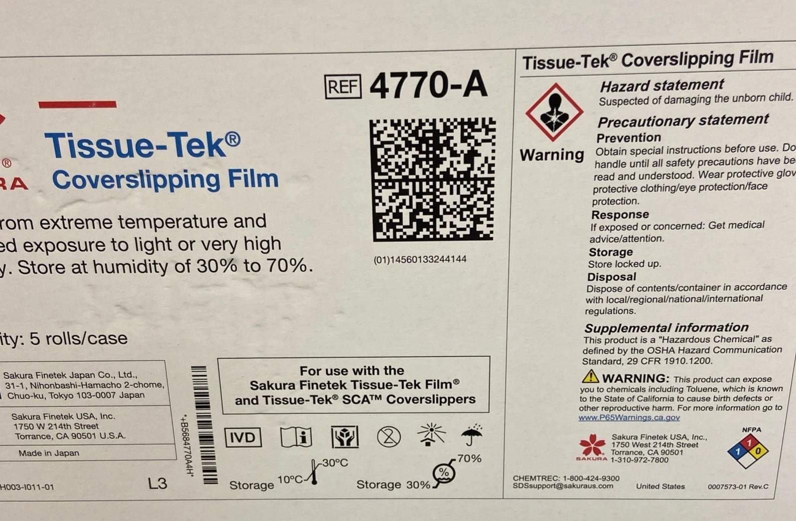 Sakura Tissue-Tek Coverslipping Film box of 5 rolls,  #4770-1