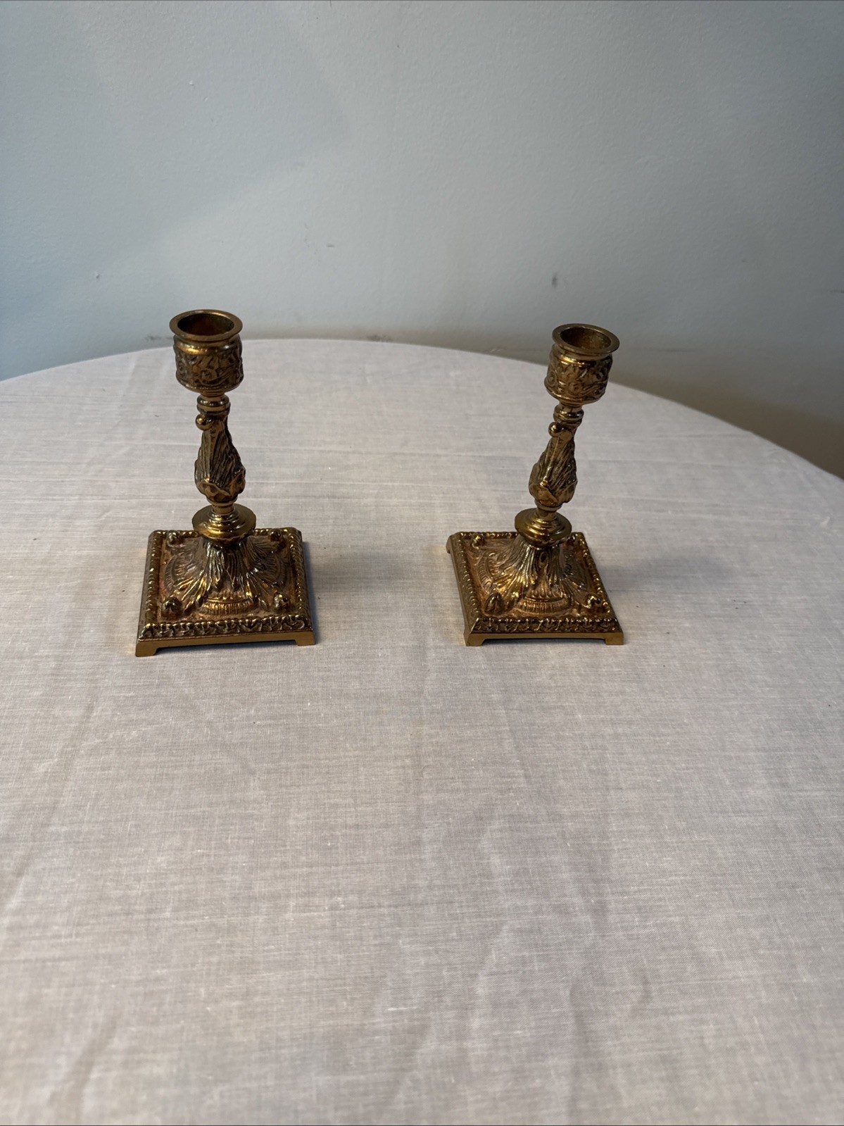 Vintage Ornate Candlestick Holders Pair Brass Tone Square Base Decorative