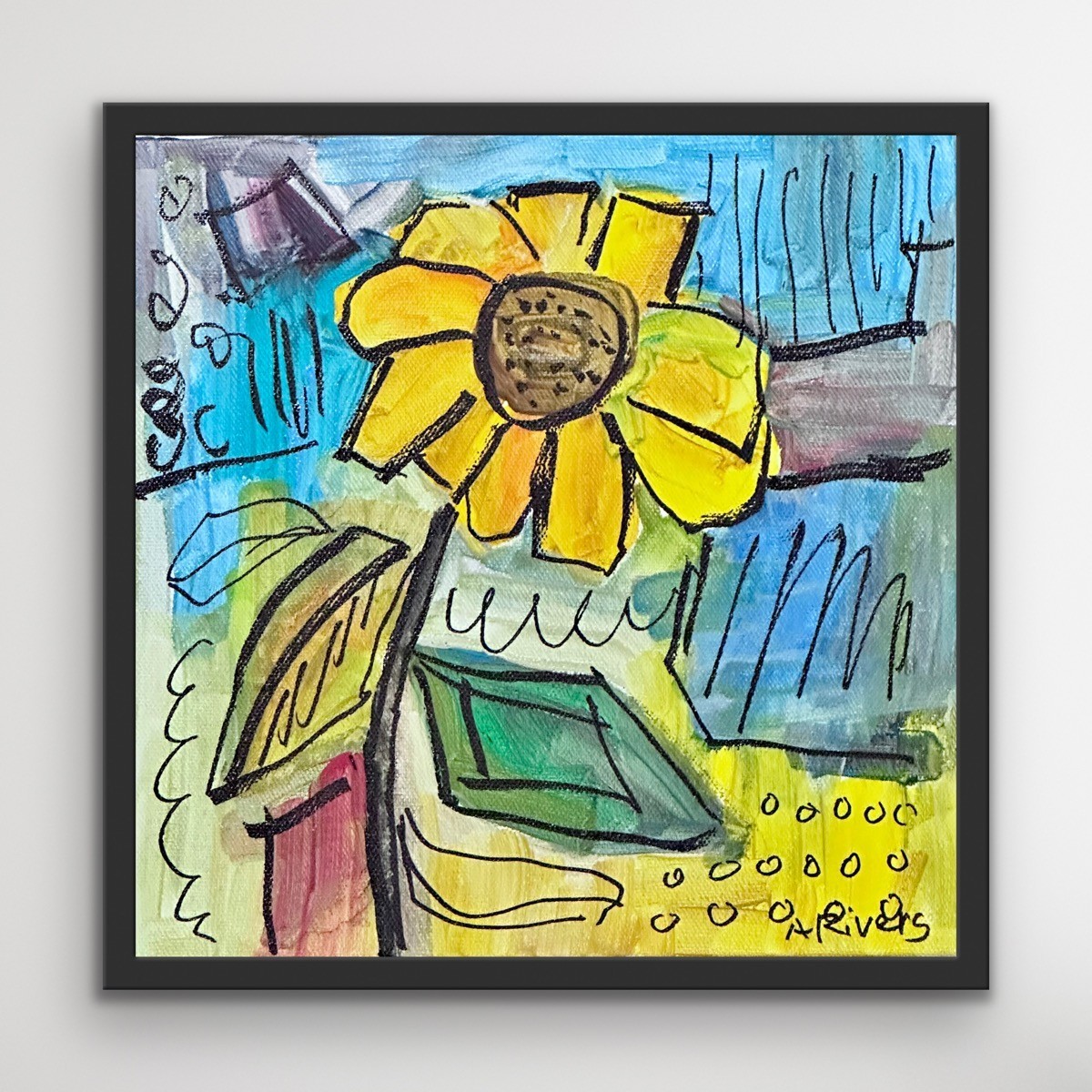 ARivers Abstract Modern Art Sunflower Painting 10x10 Signed Canvas Original