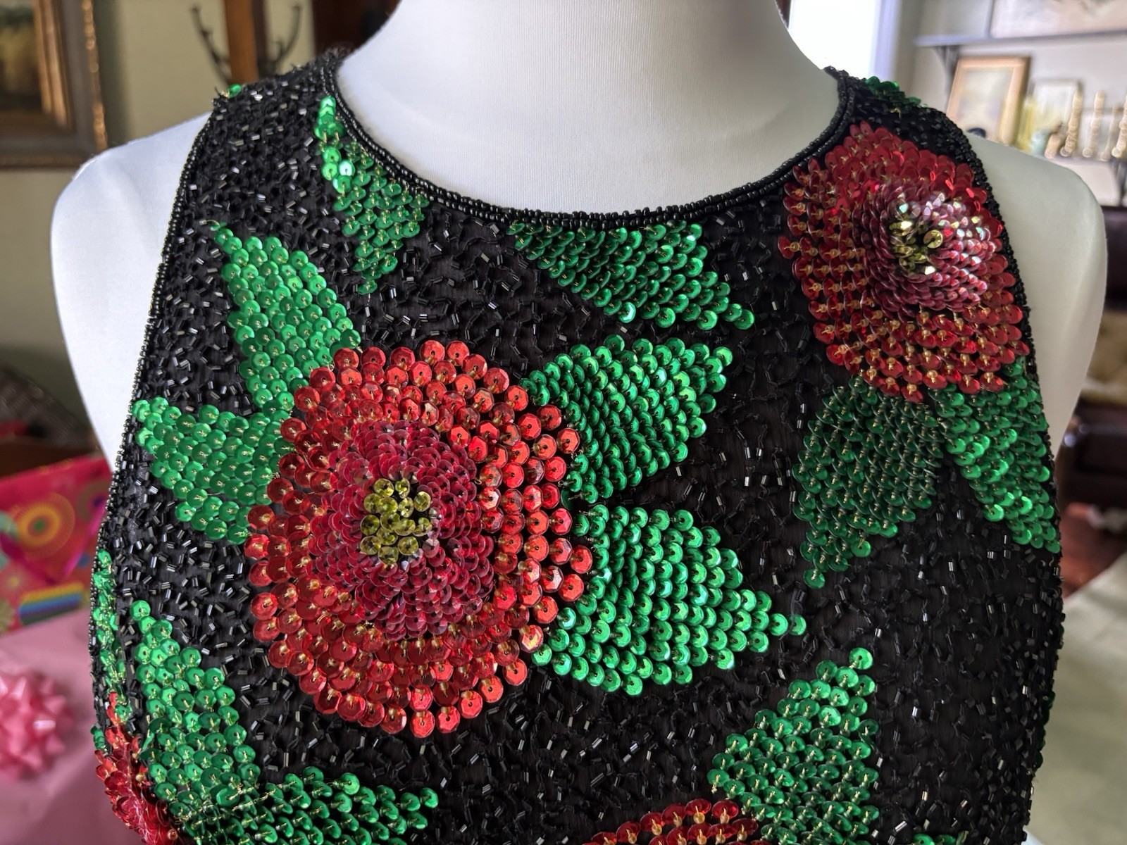 80\'s VTG Laurence Kazar Beaded Sleeveless Silk Top  XL