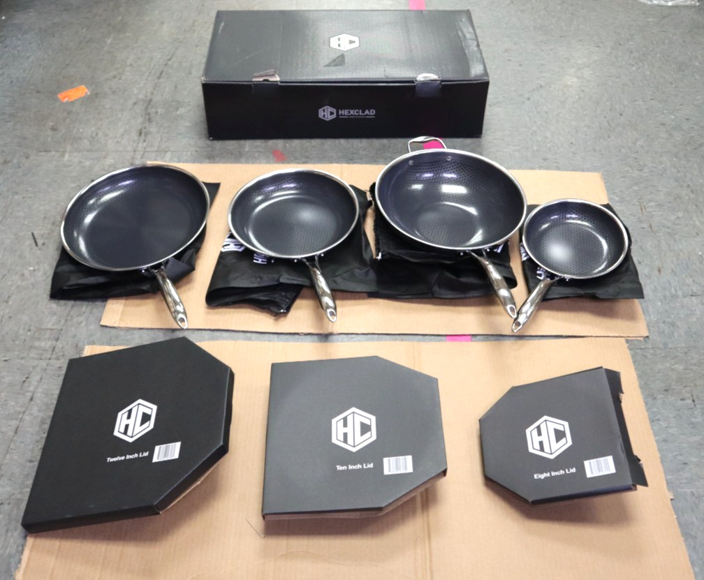 HexClad Hybrid Non Stick 7-Piece Cookware Set 8” 10” 12” Pans, Lids & 12” Wok