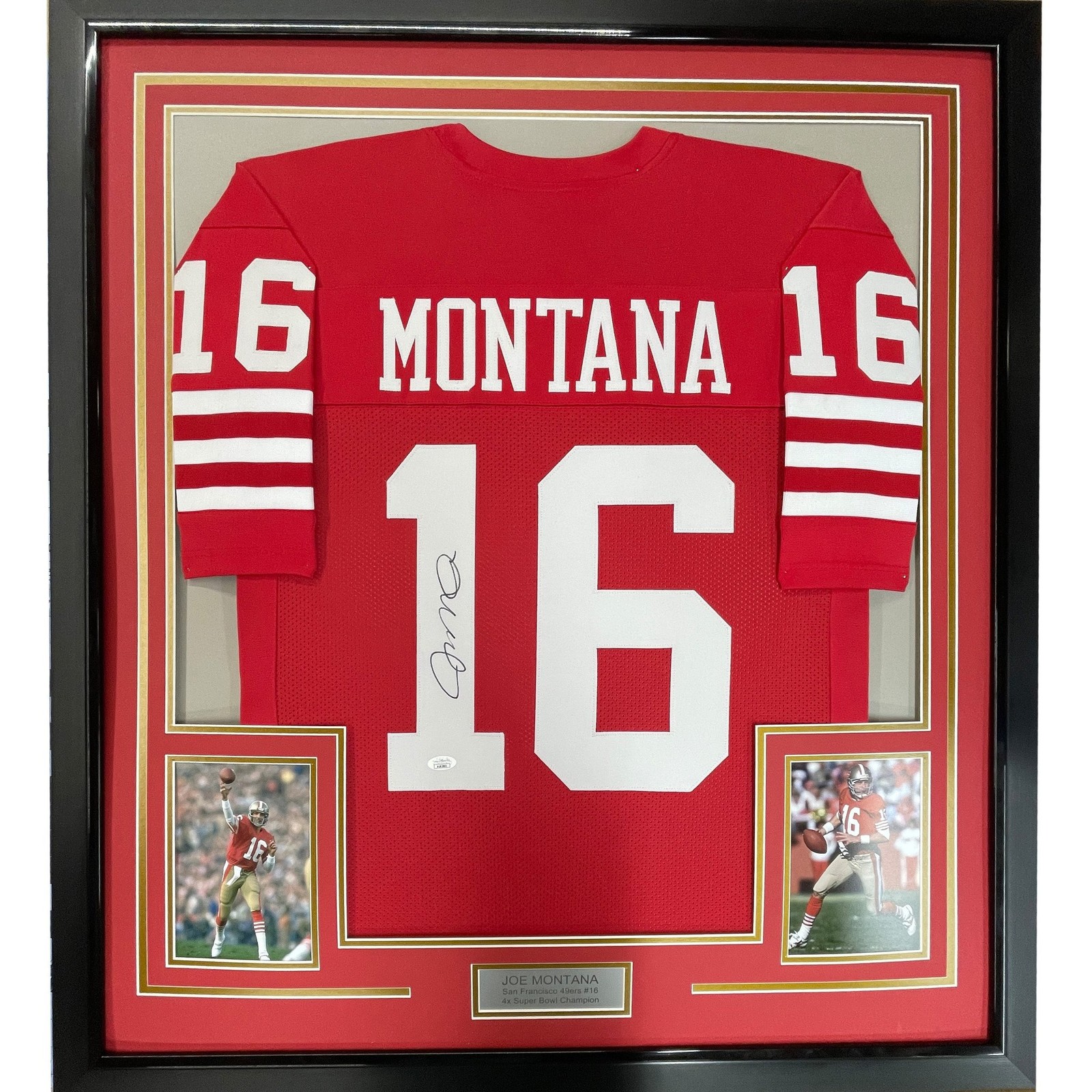 FRAMED Signed JOE MONTANA 35x39 San Francisco Red Jersey JSA COA FRAMED Signed JOE MONTANA 35x39 San Francisco Red Jersey JSA COA