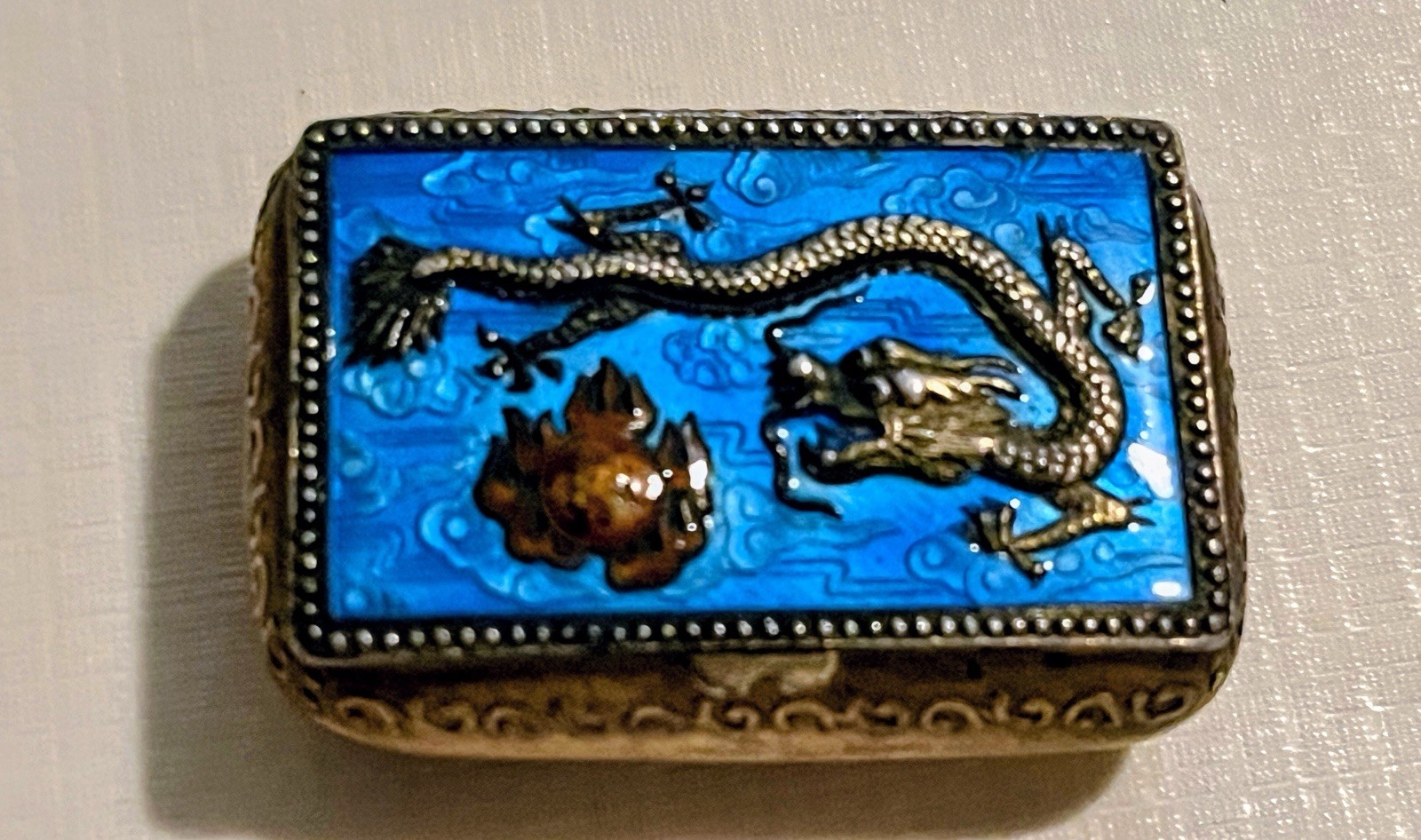 Vintage Enamel Dragon Trinket Box, Chinese Pill Box Enamel Inside 1.5 X 1 Inch Vintage Enamel Dragon Trinket Box, Chinese Pill Box Enamel Inside 1.5 X 1 Inch