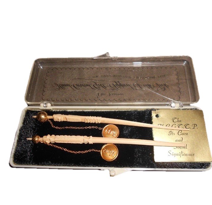 Vintage Hand Wood Carved Golt Tipped Toothpicks His & Hers Vintage Hand Wood Carved Golt Tipped Toothpicks His & Hers