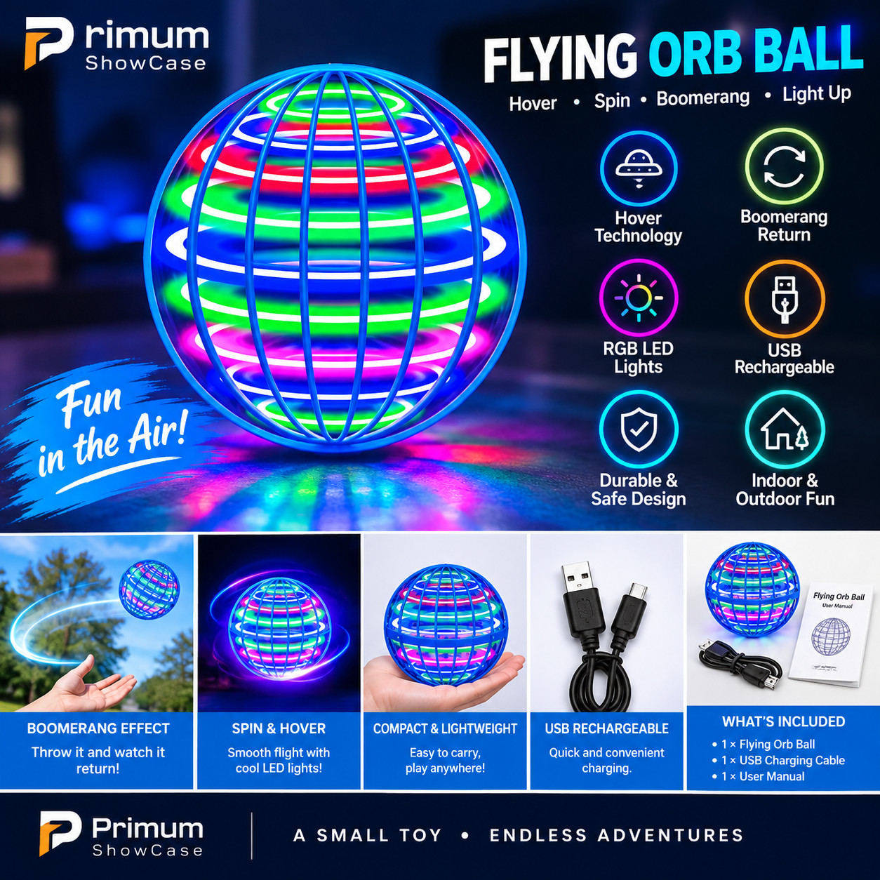 Flying Orb Ball Hover Boomerang Toy LED Magic Spinner Rechargeable Kids Gift