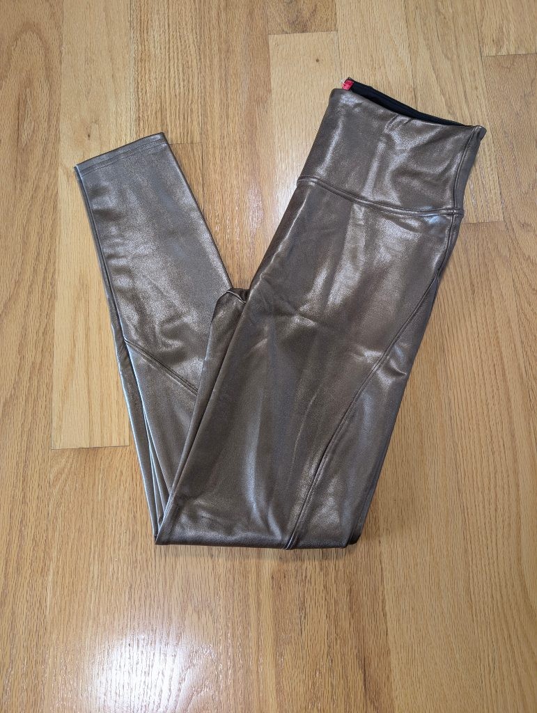SPANX Faux Leather Leggings High Waist Metallic Bronze Shiny Stretch Pants SPANX Faux Leather Leggings High Waist Metallic Bronze Shiny Stretch Pants