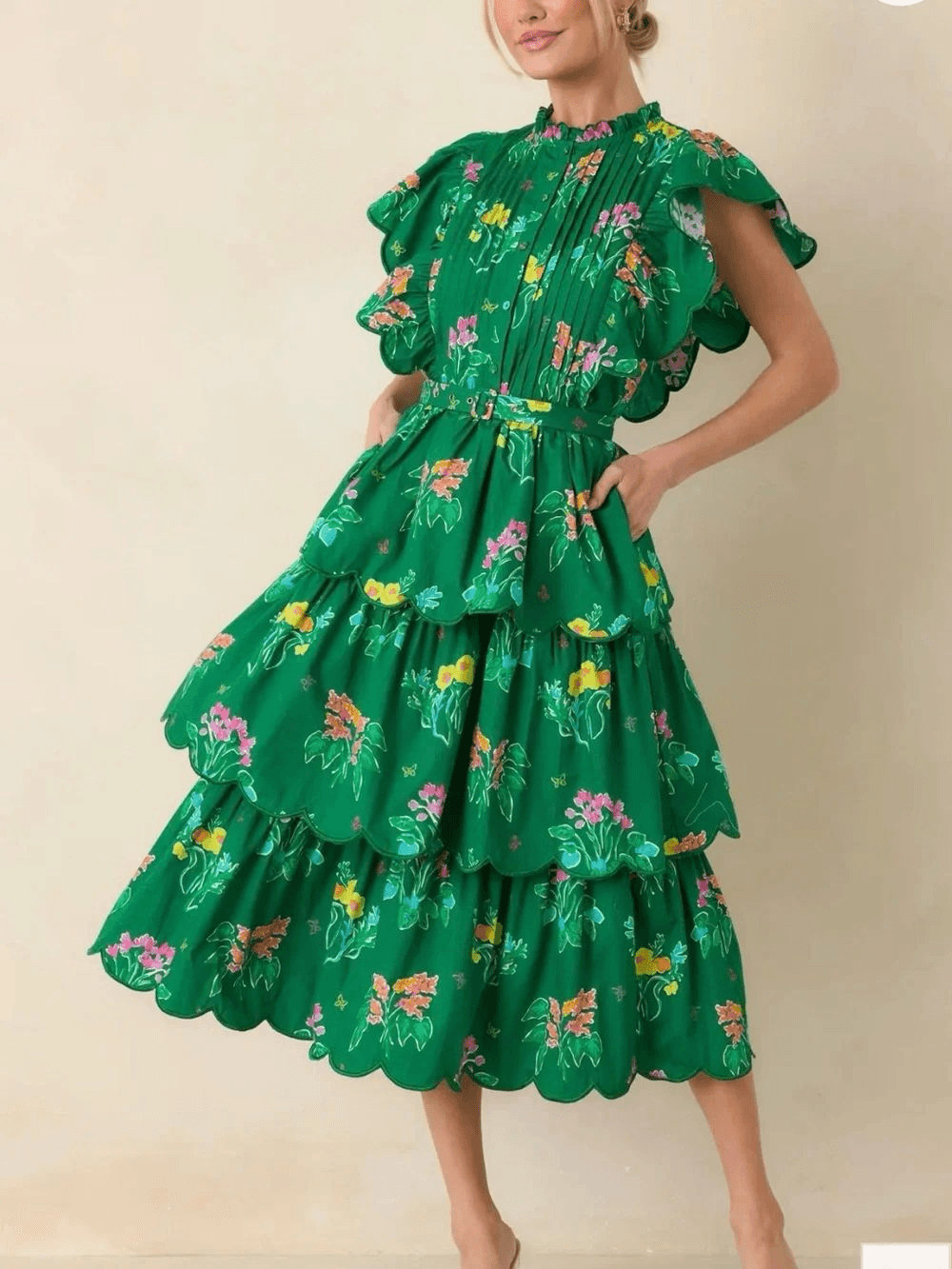 PROSPERINA MARIS GREEN MULTI FLORAL COTTON TIERED RUFFLE MIDI DRESS PROSPERINA MARIS GREEN MULTI FLORAL COTTON TIERED RUFFLE MIDI DRESS