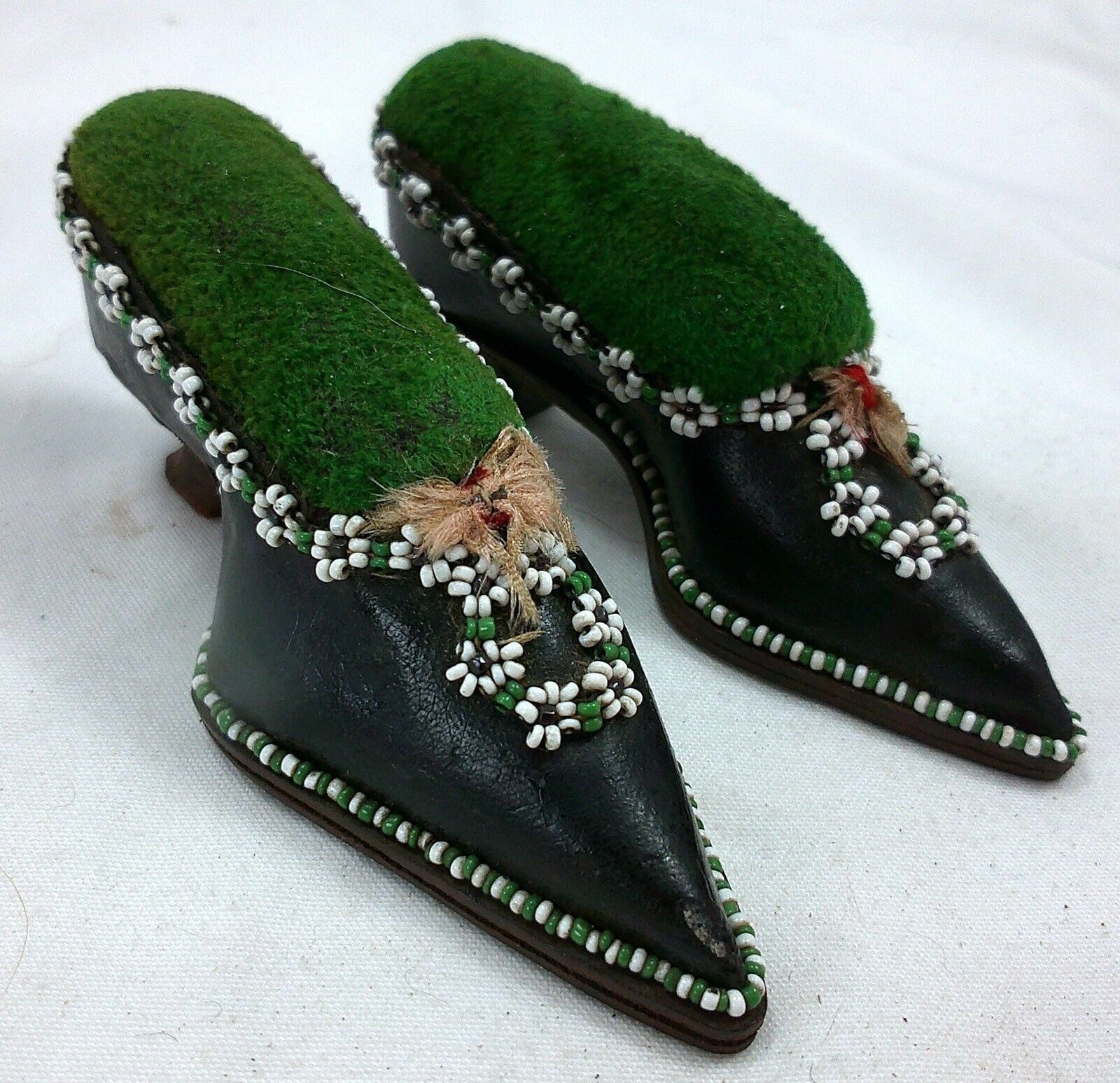 Antique 1900s Green Beaded Ornate Women's Shoe Pin Cushions - Pair