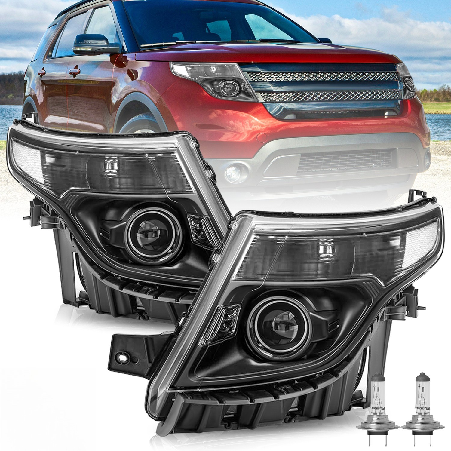  Pair Black Housing Projector Headlights For 2011-2015 Ford Explorer Halogen 