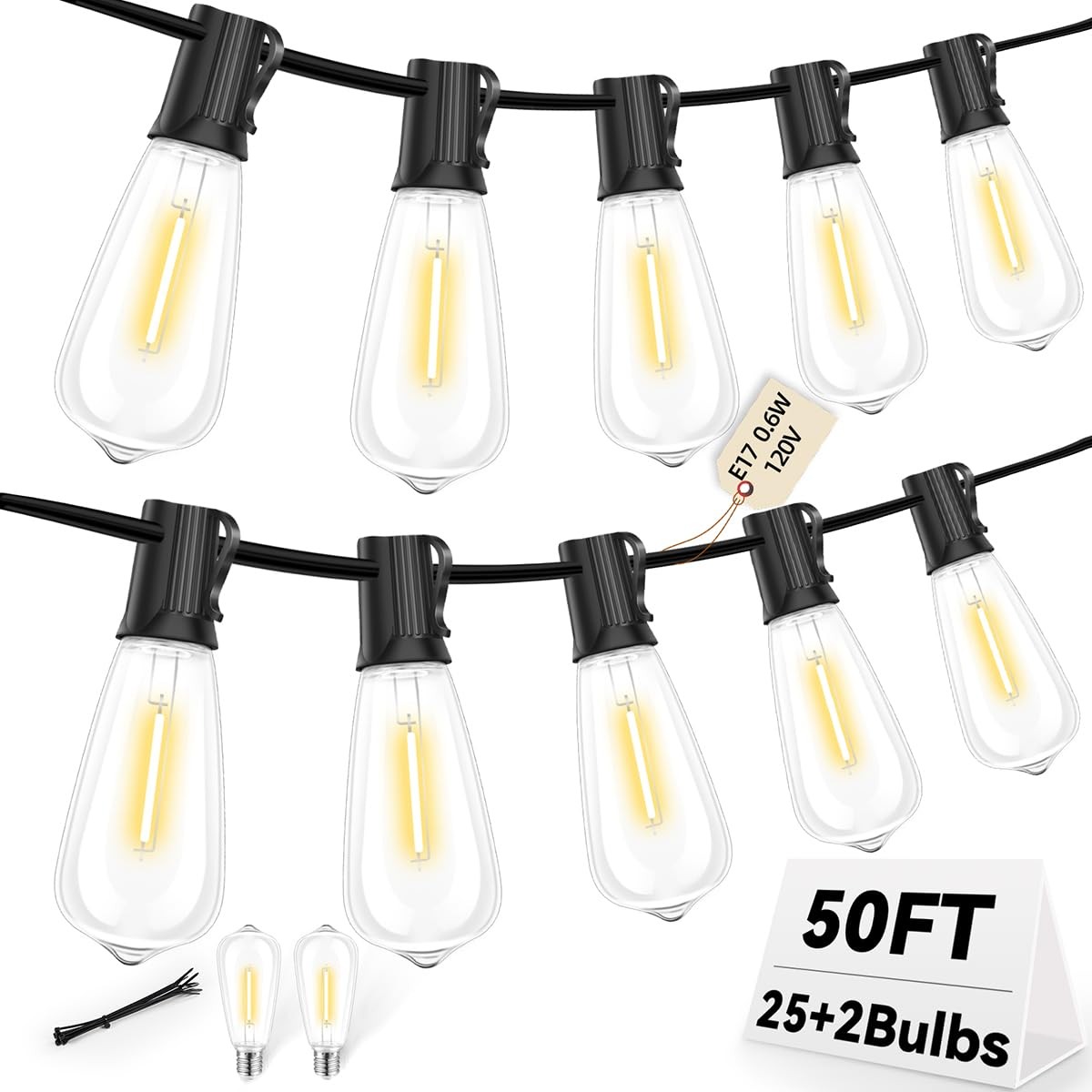 50FT Outdoor LED String Lights,Vintage ST40 LED Bulbs (25+2 Spare),Shatterpro...
