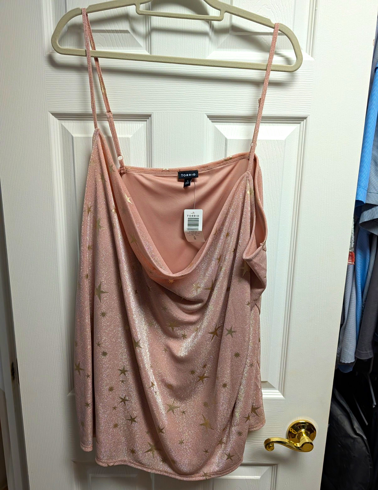 Torrid 5X Plus Pink/Gold Metallic Star Cowl Neck Cami Tank, Adjustable Straps Torrid 5X Plus Pink/Gold Metallic Star Cowl Neck Cami Tank, Adjustable Straps