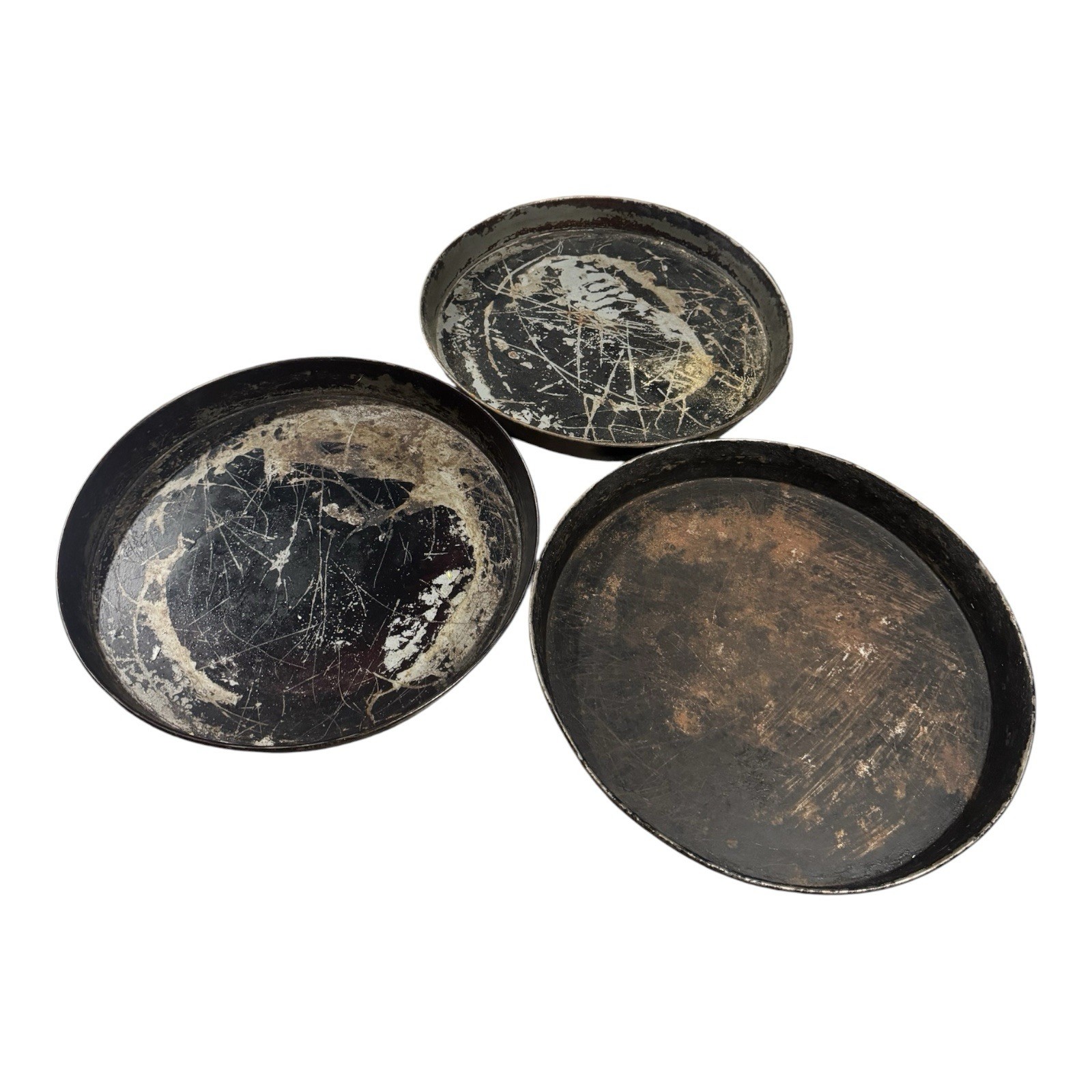 (3) Vintage Commercial Aluminum Seasoned Deep Dish Pizza Pans All 14” (3) Vintage Commercial Aluminum Seasoned Deep Dish Pizza Pans All 14”