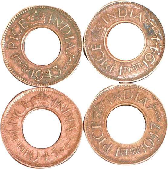 One Pice Hole Coin Set of All Dates 1943-44-45-47. British India 4 Coins Set One Pice Hole Coin Set of All Dates 1943-44-45-47. British India 4 Coins Set