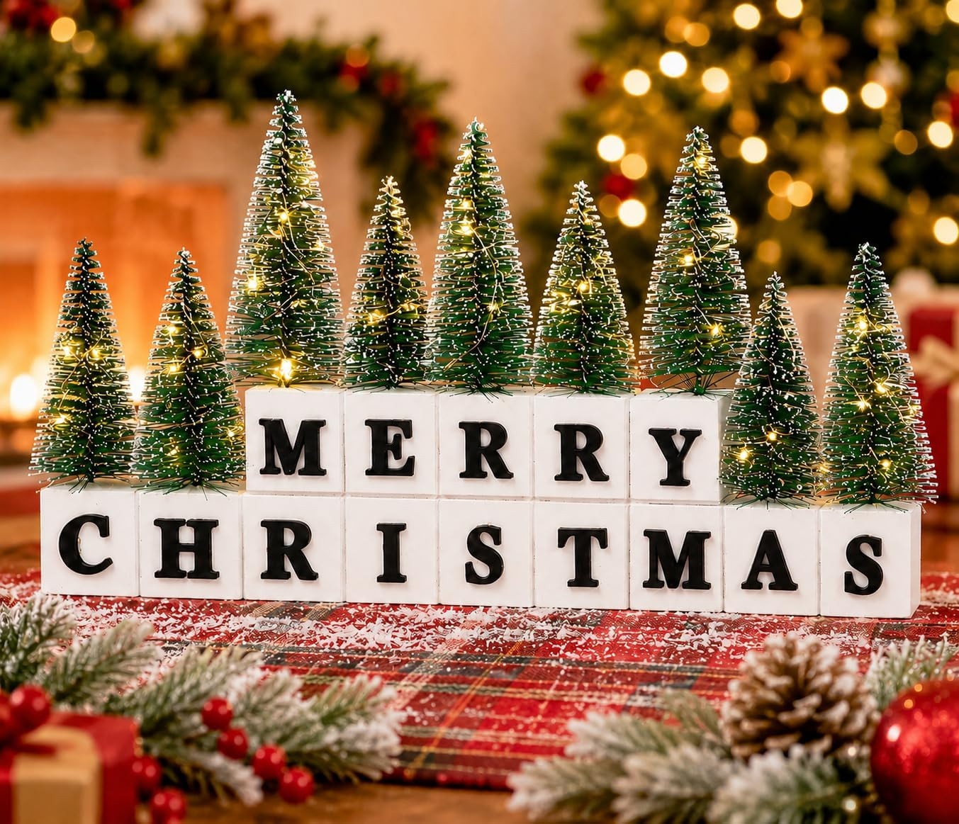 Merry Christmas Table Decor with Warm Lighted Mini Trees and 3D Letters Merry Christmas Table Decor with Warm Lighted Mini Trees and 3D Letters