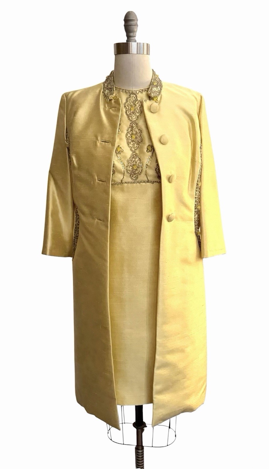 Vintage 1960’s Silk Beaded Shift Dress And Coat Set In Yellow, Bernetti Label