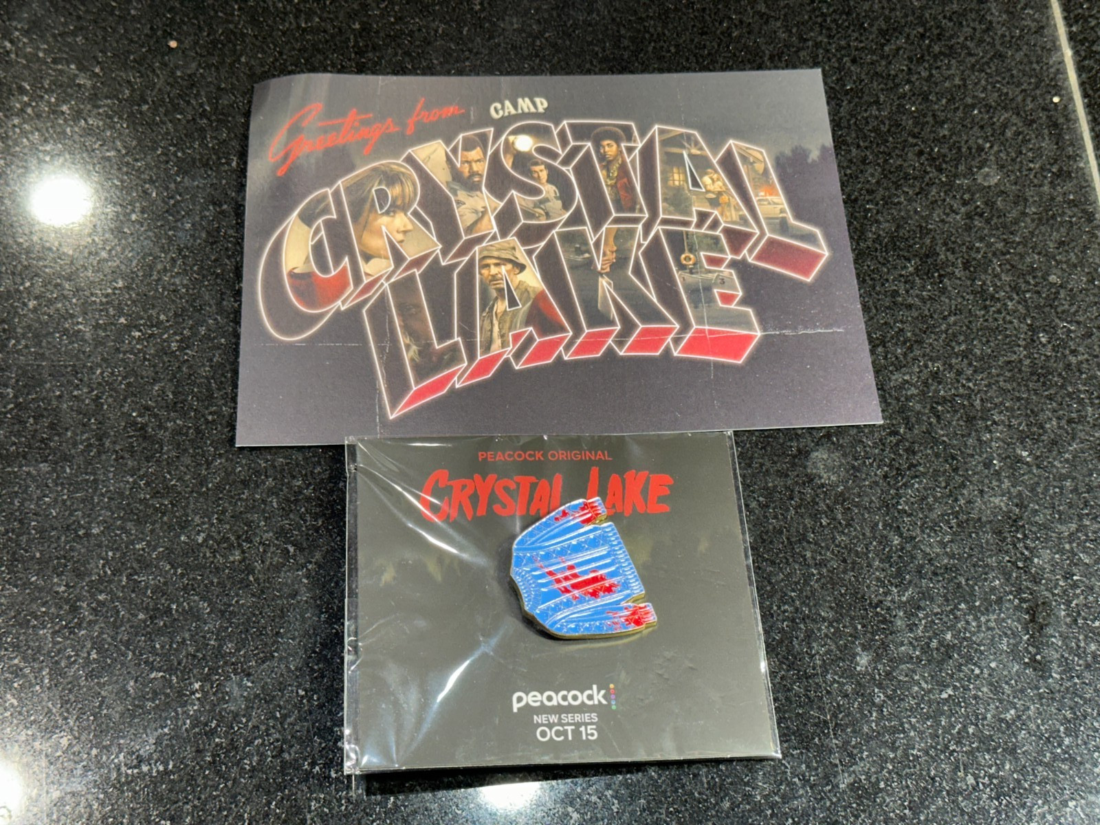 Peacock Crystal Lake Pin / Postcard Lot New Friday 13th