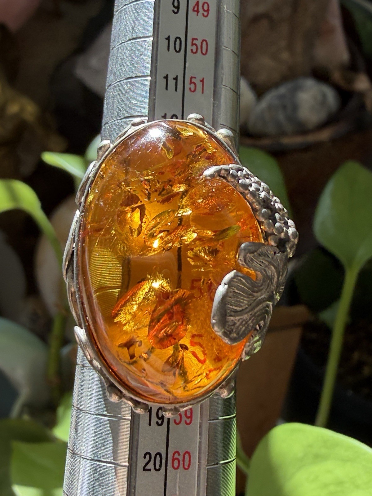 Vintage GRA 925 Sterling Silver Baltic Amber Ring Grape Vine Art Nouveau Sz 7.5