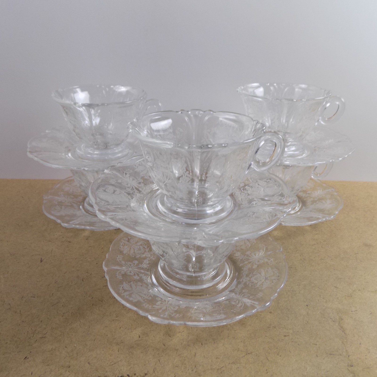 6 Heisey Orchid Etched Cups & Saucers Clear Vintage Elegant Glass VGC