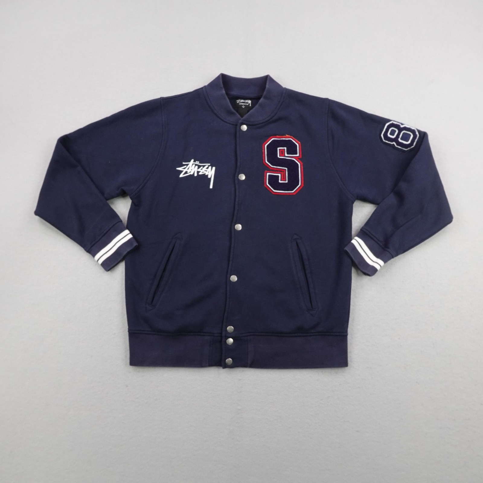 Stussy Jacket Mens Large Navy Blue Varsity Snap Up Letterman Coat #80 Bomber