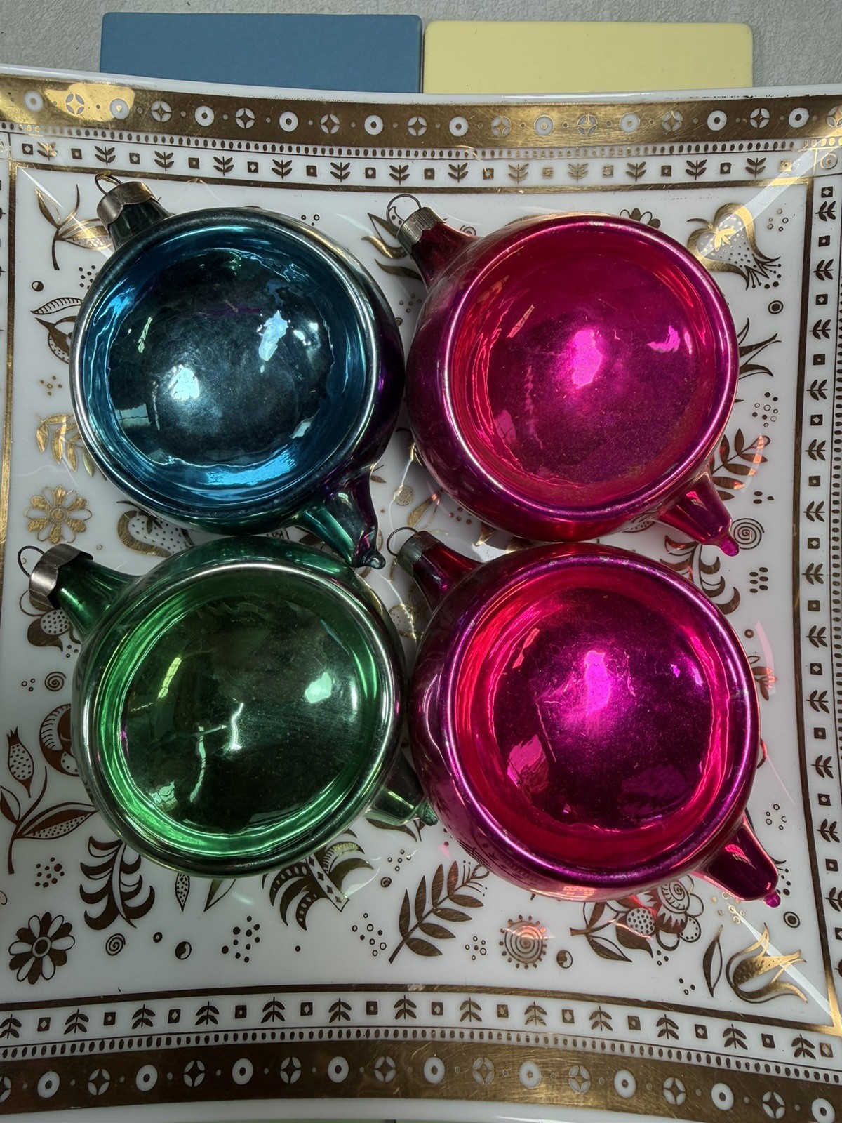 4 Vintage Pre-WWII Blown Glass Indent DROP Christmas Ornaments HEIM
