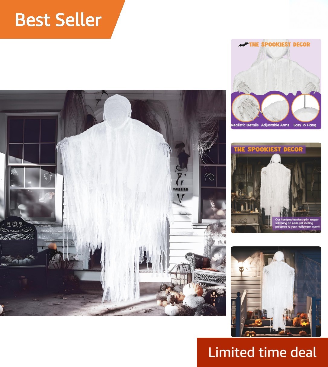 Durable 63” White Faceless Grim Reaper - Lightweight Hanging Halloween Decor