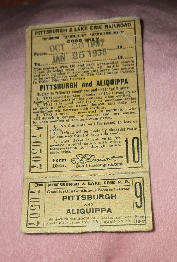 Pittsburgh & Lake Erie Railway Company - Railroad Ticket - 1936-37 Pittsburgh & Lake Erie Railway Company - Railroad Ticket - 1936-37
