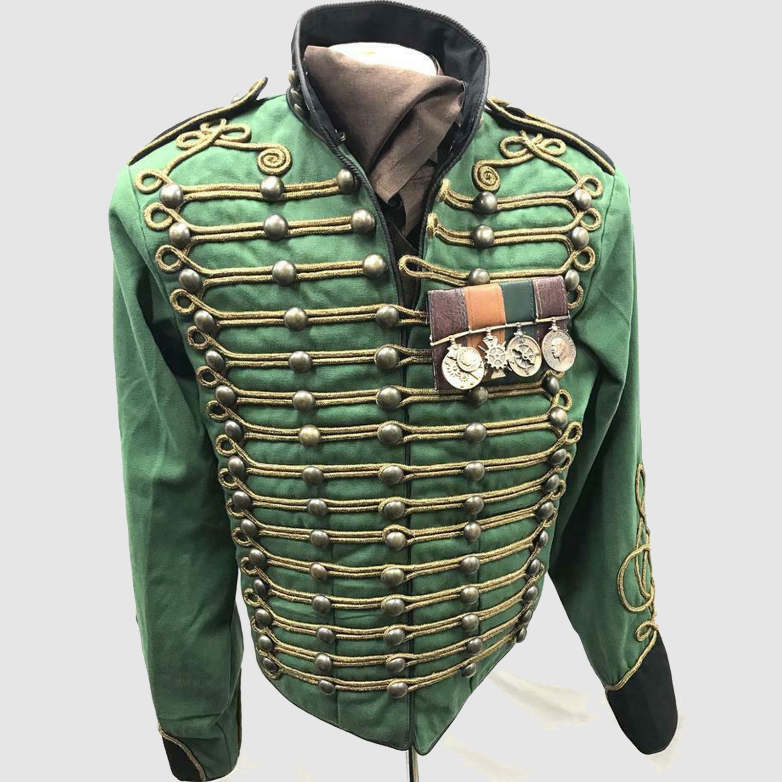 Men\'s Military Hussar in distressed green black Front Antique gold Braiding Men\'s Military Hussar in distressed green black Front Antique gold Braiding