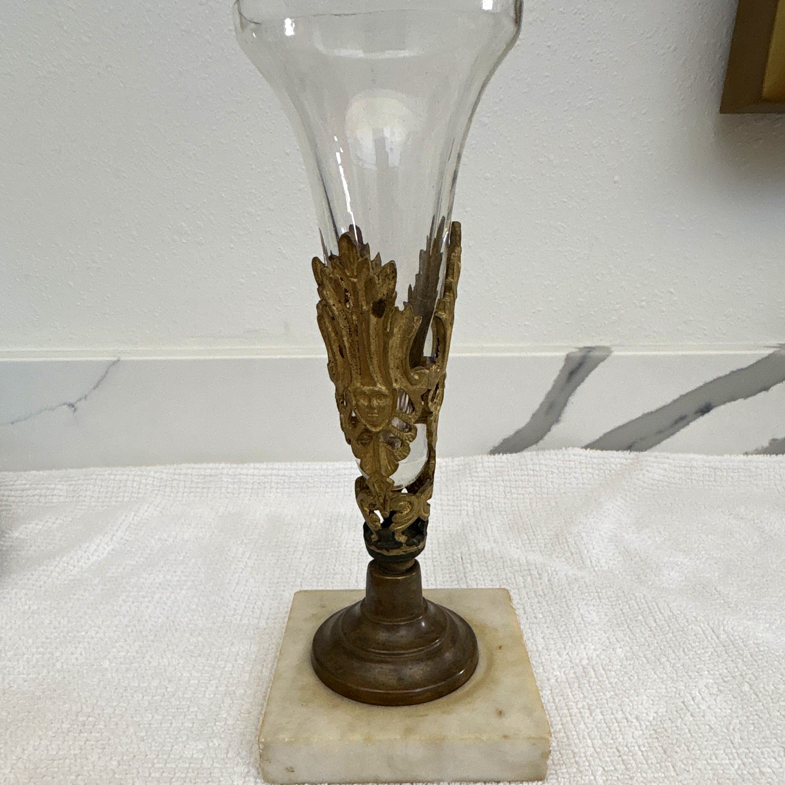 Antique 19thC French Ormolu Bronze & Glass Trumpet Vase Neoclassical Marble Base