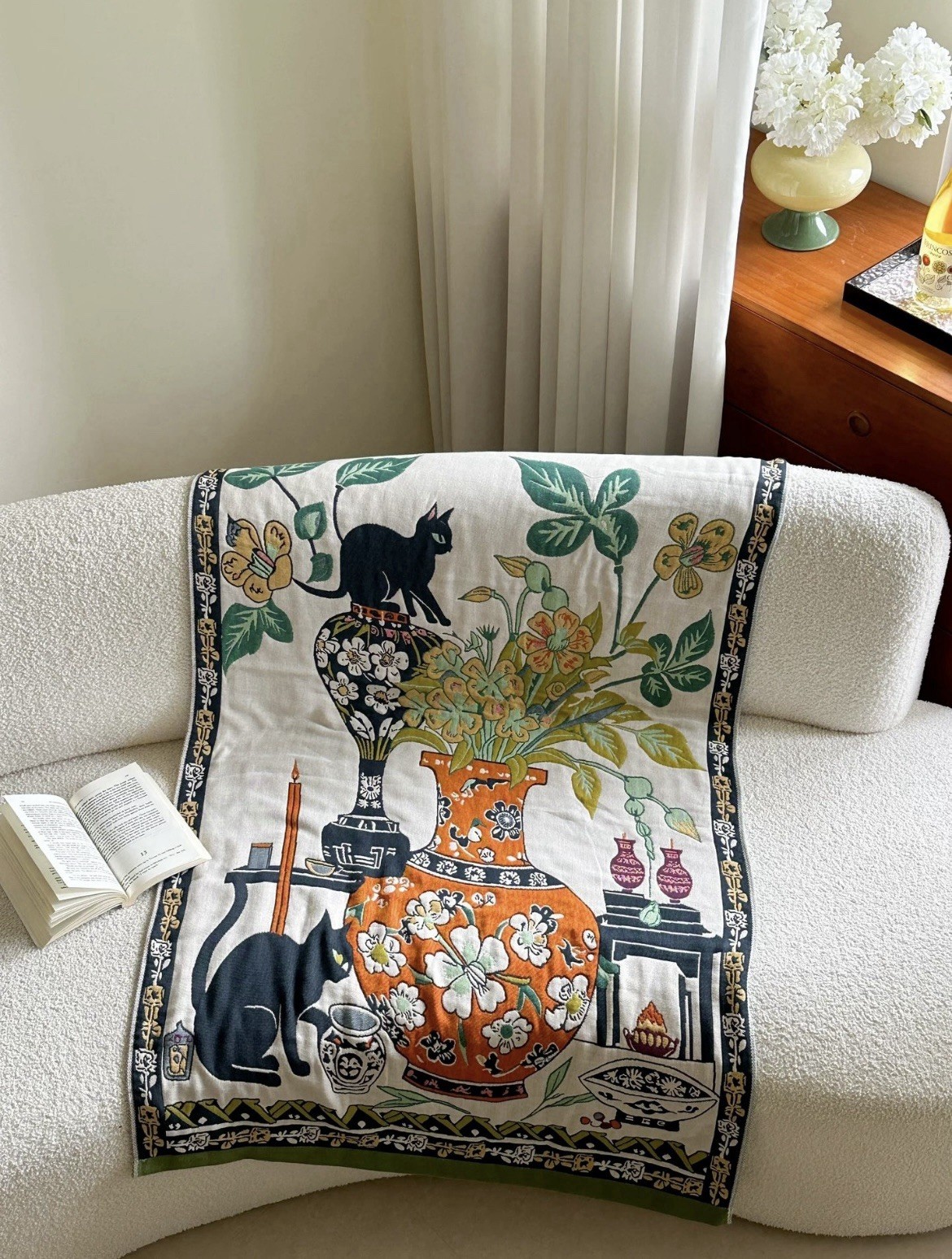 Vintage Style Cotton Throw Blanket with Black Cat & Floral Vase Design 32x63” Vintage Style Cotton Throw Blanket with Black Cat & Floral Vase Design 32x63”