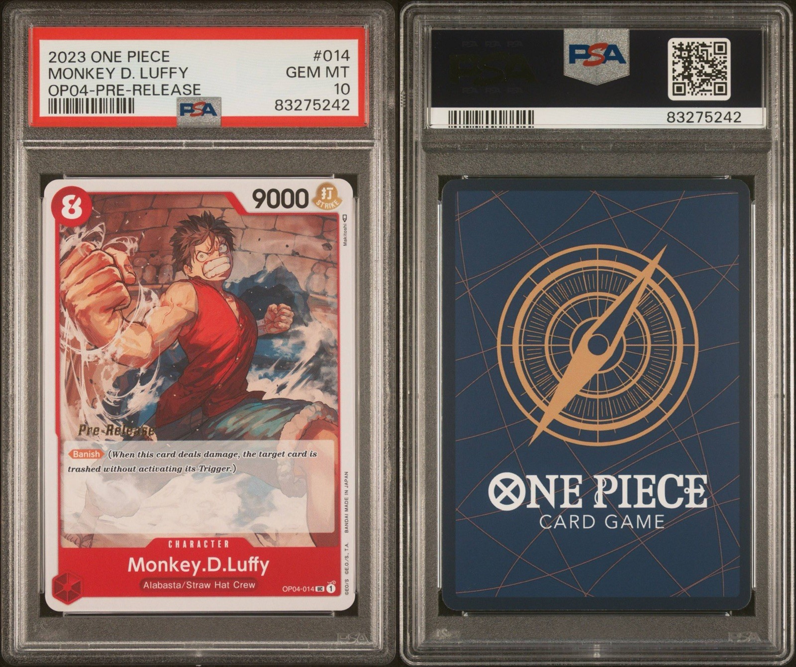 2023 One Piece Monkey D. Luffy Pre-Release #OP04-014 PSA 10 (POP 9) 2023 One Piece Monkey D. Luffy Pre-Release #OP04-014 PSA 10 (POP 9)