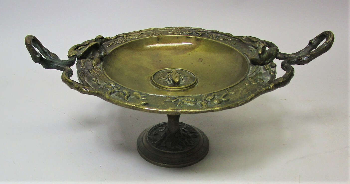 Fine 19th C. FRENCH ART NOUVEAU BRONZE Tazza w/ Beetles & Birds signed PACLET* Fine 19th C. FRENCH ART NOUVEAU BRONZE Tazza w/ Beetles & Birds signed PACLET*