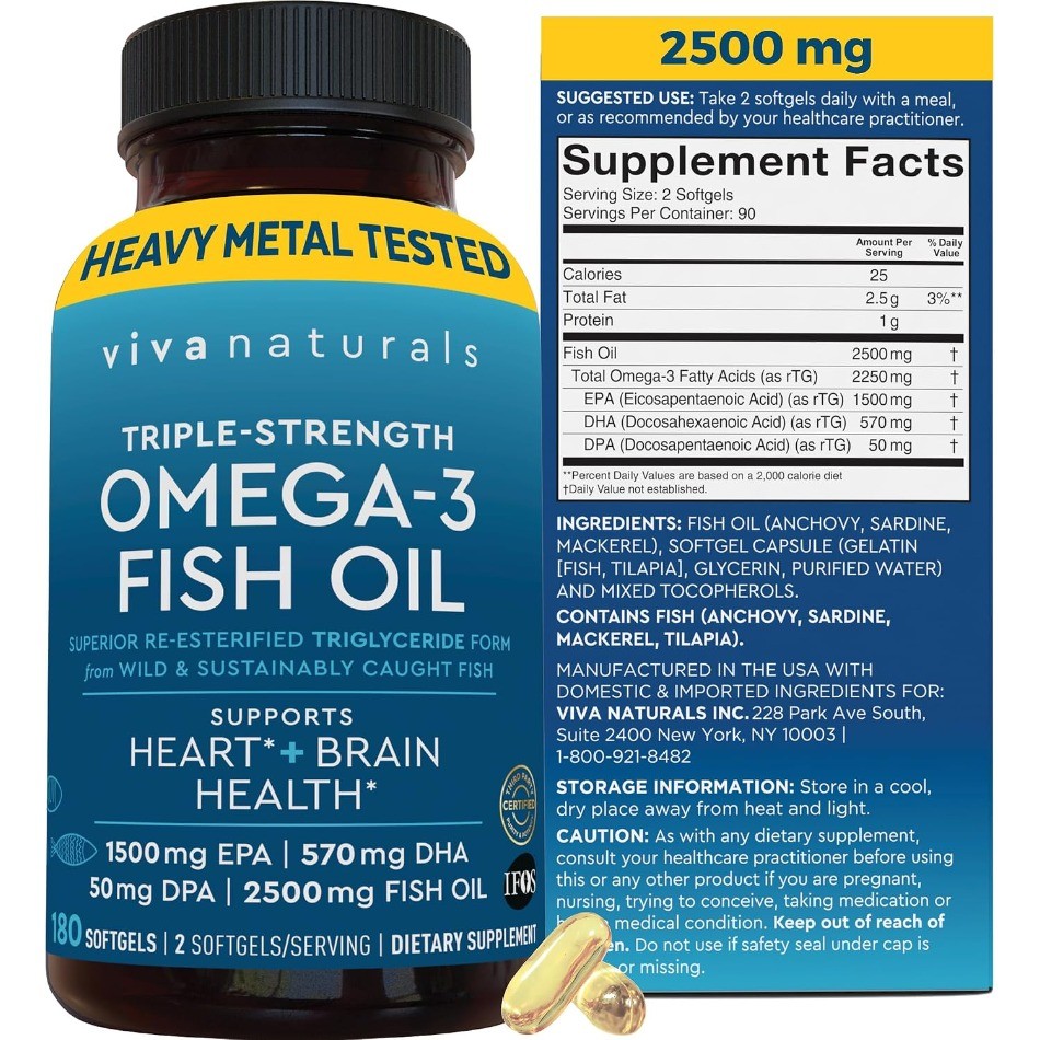 Viva Naturals Triple Strength Omega‑3 Fish Oil 2500mg,for Men Women,180 Softgels