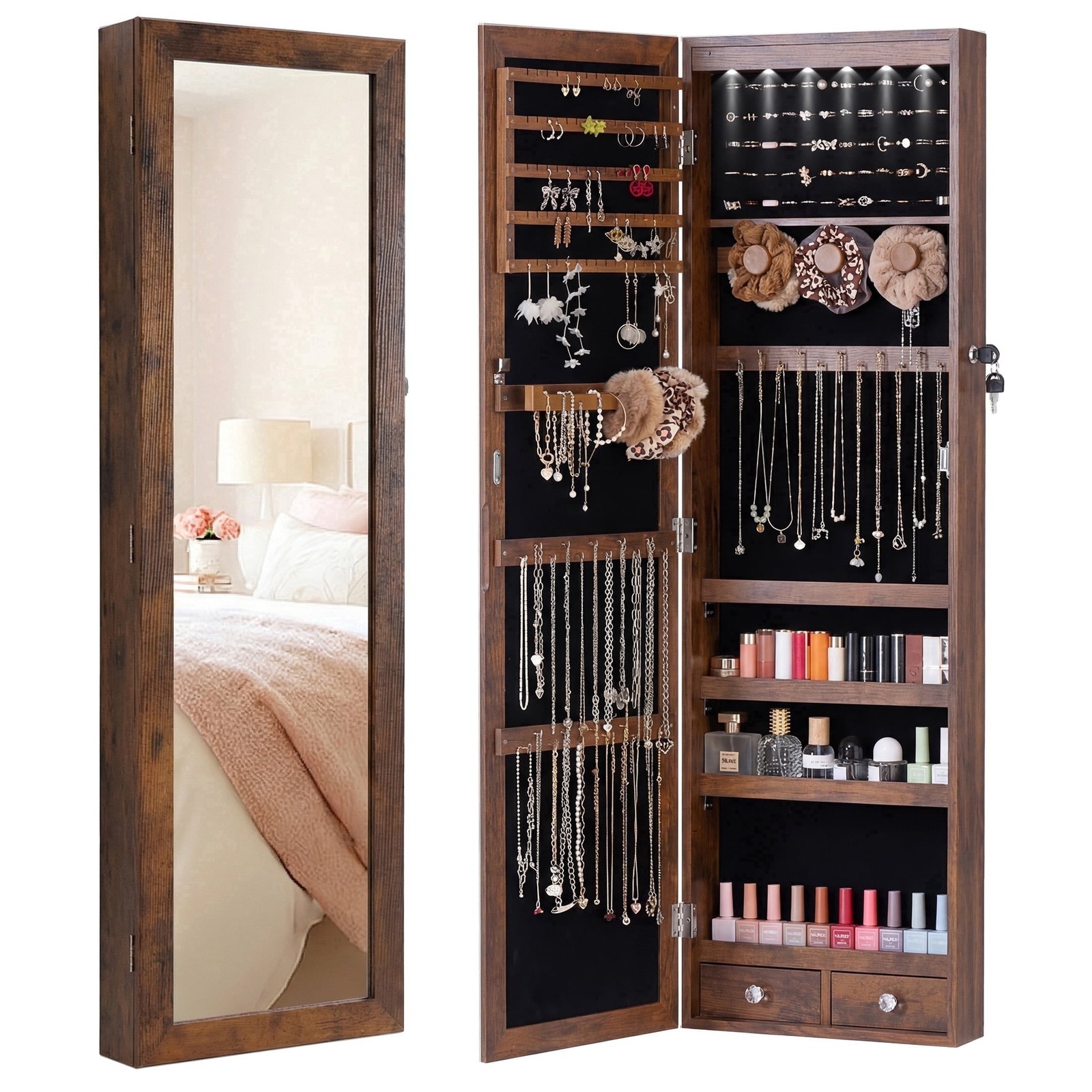 Lockable Jewelry Cabinet Organizer w/Full Length Mirror,Wall Mount Hanging Door