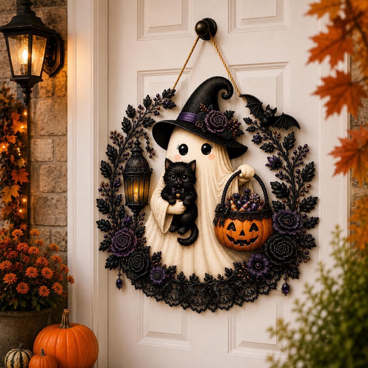 Halloween Welcome Sign Front Door Porch Decor Wooden Ghost Pumpkin Wreath