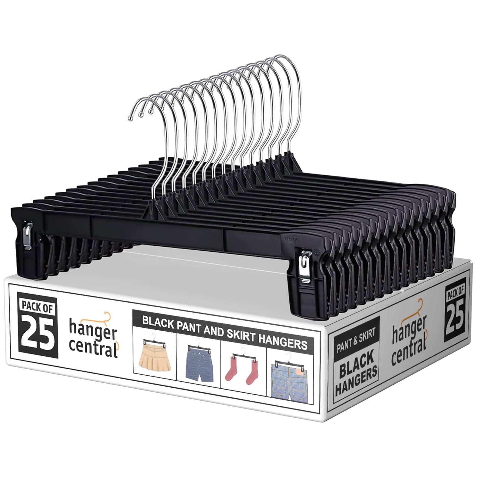 Hanger Central 25 Pack Black Plastic Pants Hangers with Extra Long Clips 12 inch Hanger Central 25 Pack Black Plastic Pants Hangers with Extra Long Clips 12 inch
