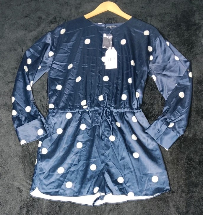 NWT English Factory Poka Dot Long Sleeve Satin Romper L Navy Blue White Retro NWT English Factory Poka Dot Long Sleeve Satin Romper L Navy Blue White Retro