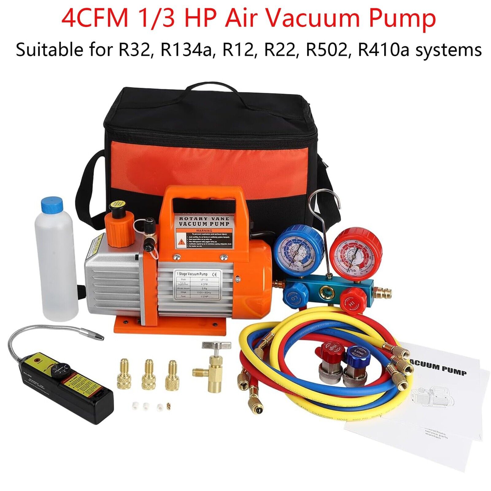 4CFM 1/3HP Air Vacuum Pump And AC Manifold Gauge Set W/ Leak Detector Carry Bag