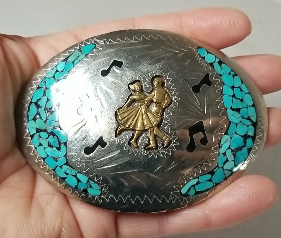 Vintage Wil Arem Handmade Turquoise Inlay Dancing Western Belt Buckle Vintage Wil Arem Handmade Turquoise Inlay Dancing Western Belt Buckle
