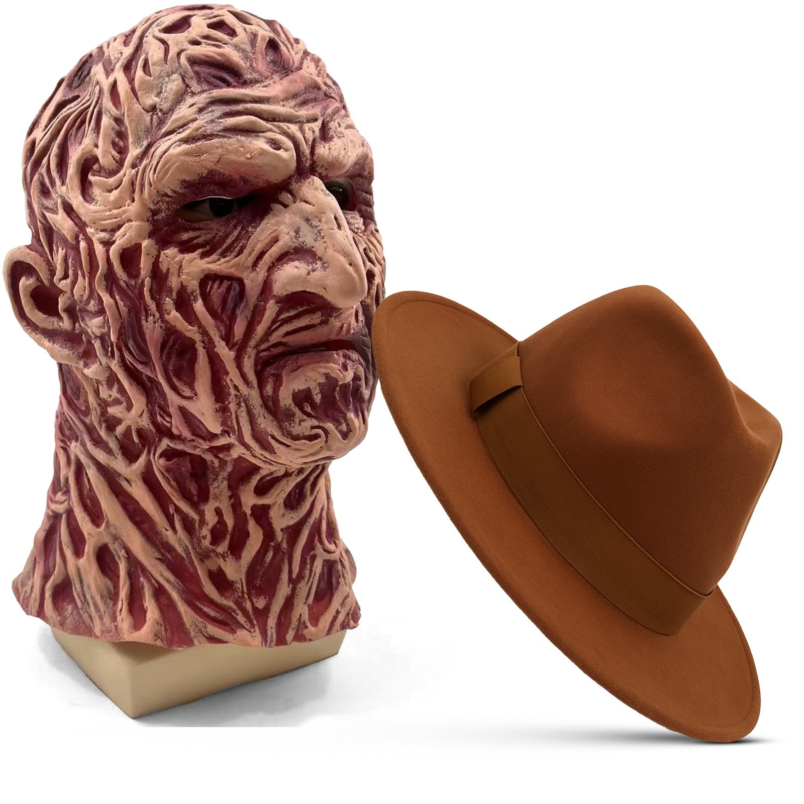 Freddy Krueger Costume Night Killer Latex Mask Brown Hat Halloween Horror Outfit